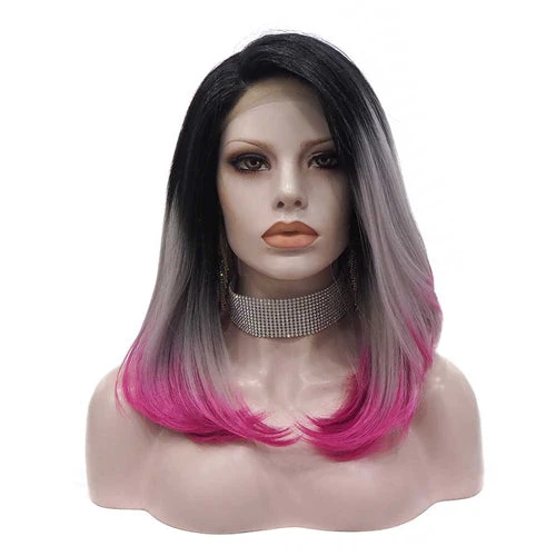 Premium Wig - Rooted Ash Blonde With Pink Edge Medium Lace Front Wig 3 Premium Wig - Rooted Ash Blonde With Pink Edge Medium Lace Front Wig